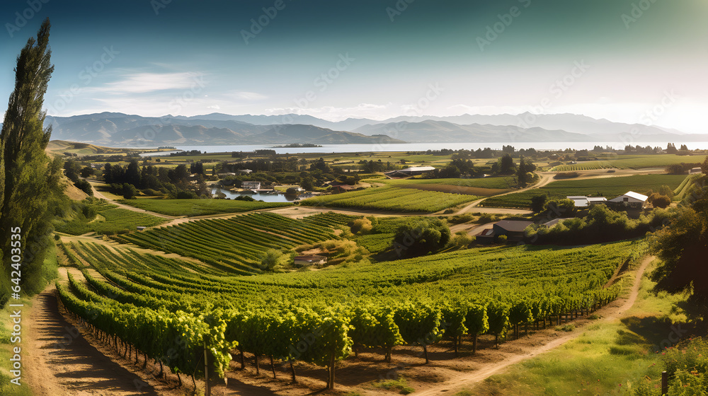 A scenic vineyard with rows of grapevines, a winery, and a panoramic view of the surroundings