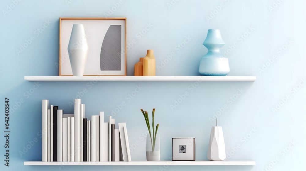 Blue virtual background with wooden bookshelf Blue virtual background with wooden bookshelf