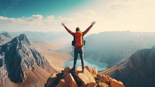 man with open arms jumping on the top of the mountain