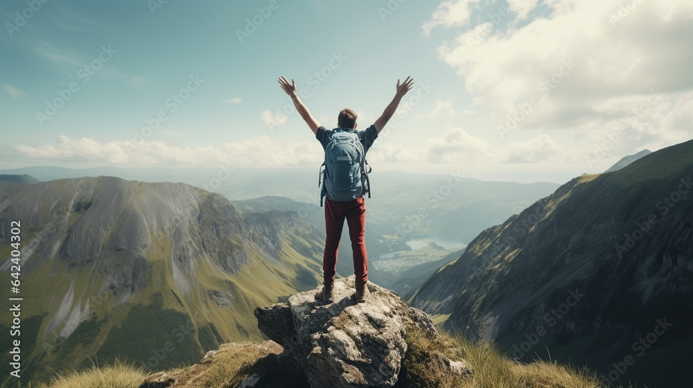 man with open arms jumping on the top of the mountain