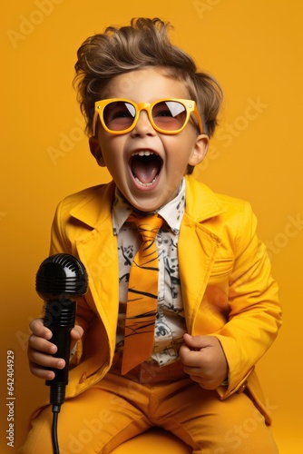 Child in sunglasses and retro style clothes is singing a song. Generative AI