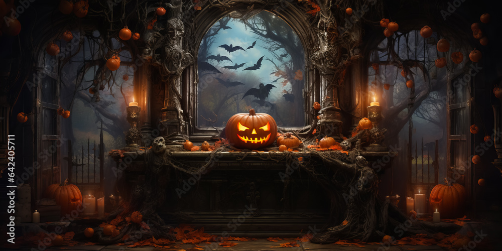 Halloween interior with pumpkins, skulls, candles. Horror Halloween game background