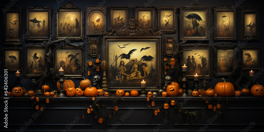 Halloween castle interior with pumpkins, pictures, candles. Horror Halloween game - obrazy, fototapety, plakaty 