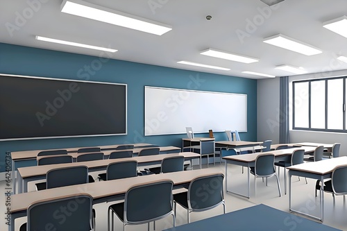An empty classroom with neatly arranged desks and chairs Ai generated © Ebad