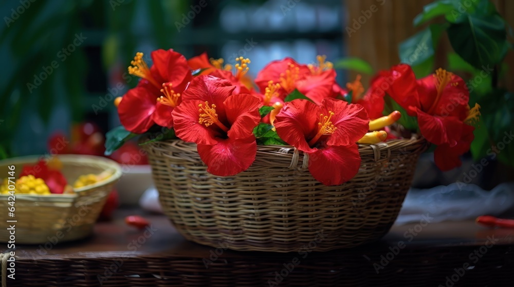 Red Hibiscus flowers in a  wicker Basket, Isolated in a Flower Store. Red Hibiscus. Mother's day concept with a copy space. Valentine day concept with a copy space.