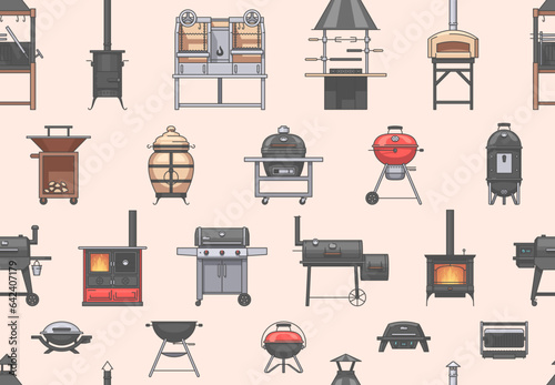 Grills background. Seamless pattern with charcoal grill, gas grill, firewood grill, smoker and other. Vector illustration