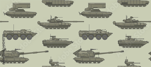 Russian military vehicles background. Seamless pattern with tanks, artillery, armored vehicles and other. Vector illustration