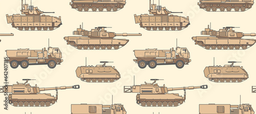 US military vehicles background. Seamless pattern with tanks, artillery, armored vehicles and other. Vector illustration