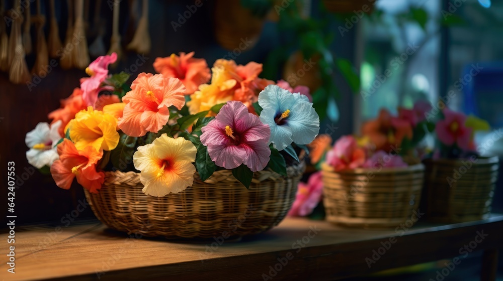 Colorful Hibiscus flowers in a  wicker Basket, Isolated in a Flower Store. Mother's day concept with a copy space. Valentine day concept with a copy space.