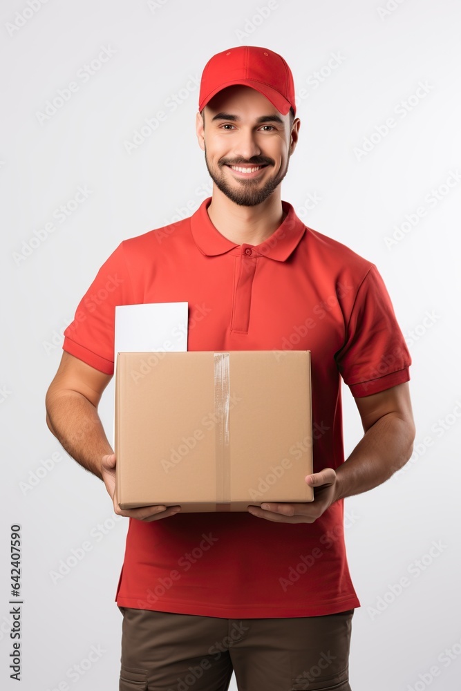 delivery man smiling with a package in his hands delivery man smiling with a package in his hands
