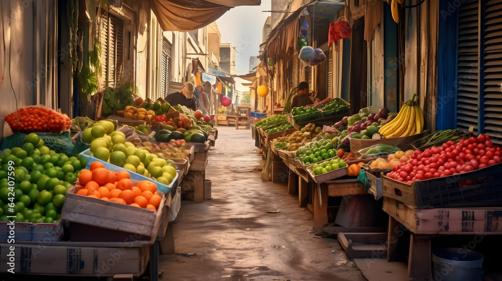 A vibrant outdoor market with stalls overflowing with fresh fruits, vegetables, and local produce