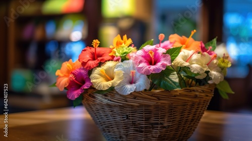 Colorful Hibiscus flowers in a  wicker Basket, Isolated in a Flower Store. Mother's day concept with a copy space. Valentine day concept with a copy space. © John Martin