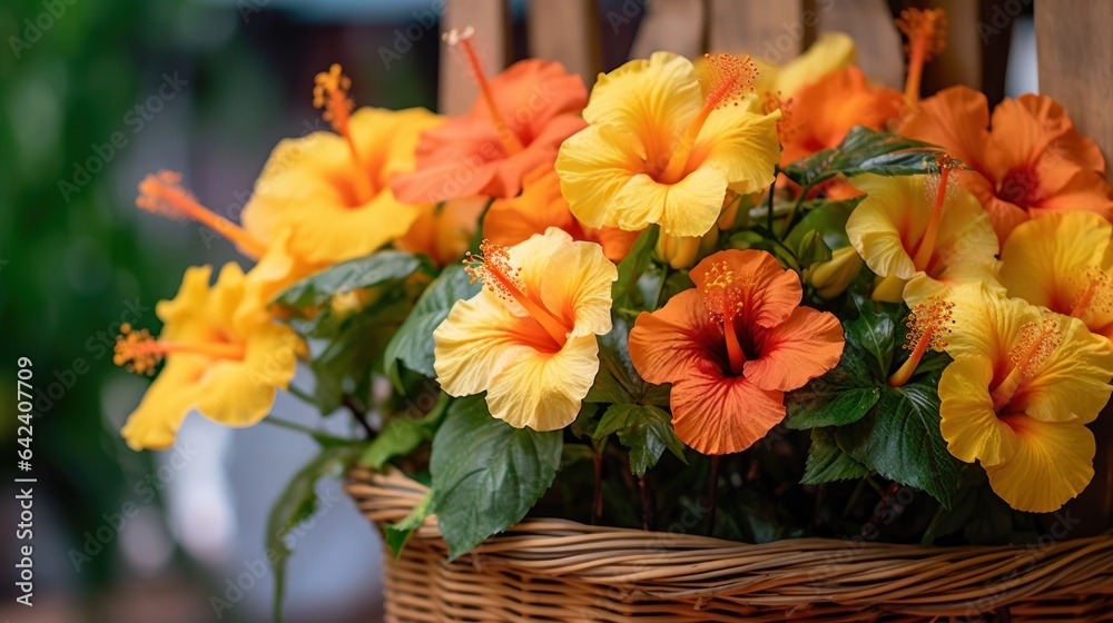 Orange Hibiscus flowers in a Basket, Isolated in a Flower Store. Red Hibiscus. Mother's day concept with a copy space. Valentine day concept with a copy space.