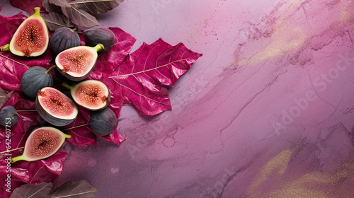 Fig with eucalyptus leaves on pink background