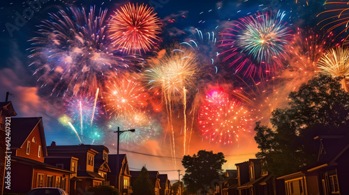 A vibrant summer fireworks display lighting up the night sky with bursts of color