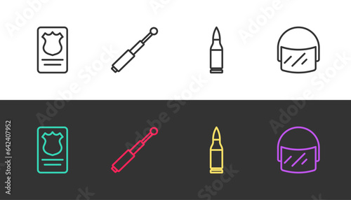 Set line Police badge with id case, Telescopic baton, Bullet and helmet on black and white. Vector