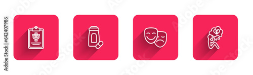 Set line Psychology, Psi, Sedative pills, Comedy and tragedy masks and Broken heart or divorce with long shadow. Red square button. Vector