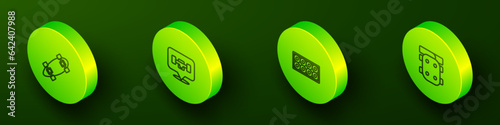 Set Isometric line Longboard or skateboard, Skateboard wheel, and Knee pads icon. Vector