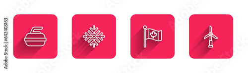 Set line Stone for curling, Snowflake, Flag of Canada and Wind turbine with long shadow. Red square button. Vector