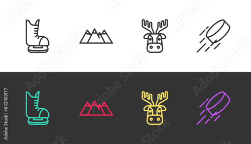 Set line Skates, Mountains, Deer head with antlers and Hockey puck on black and white. Vector