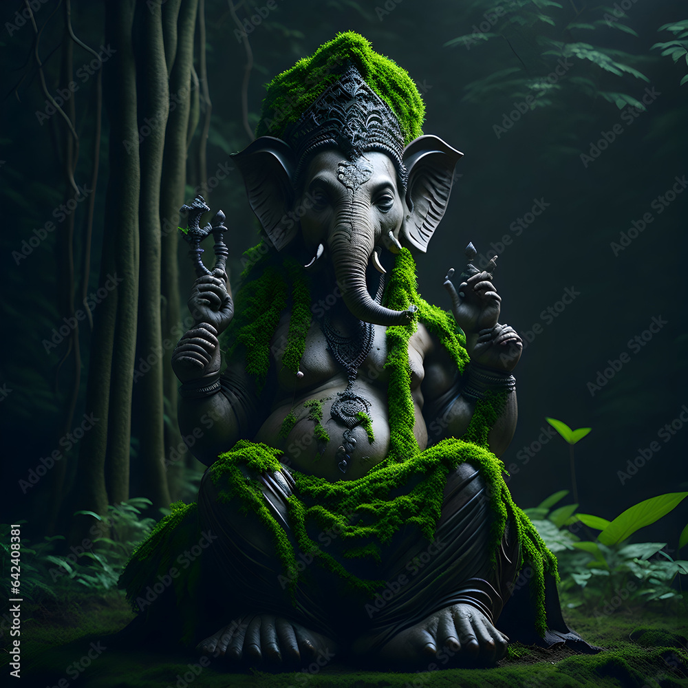Statue of ganesh covered in moss and ferns generated by AI