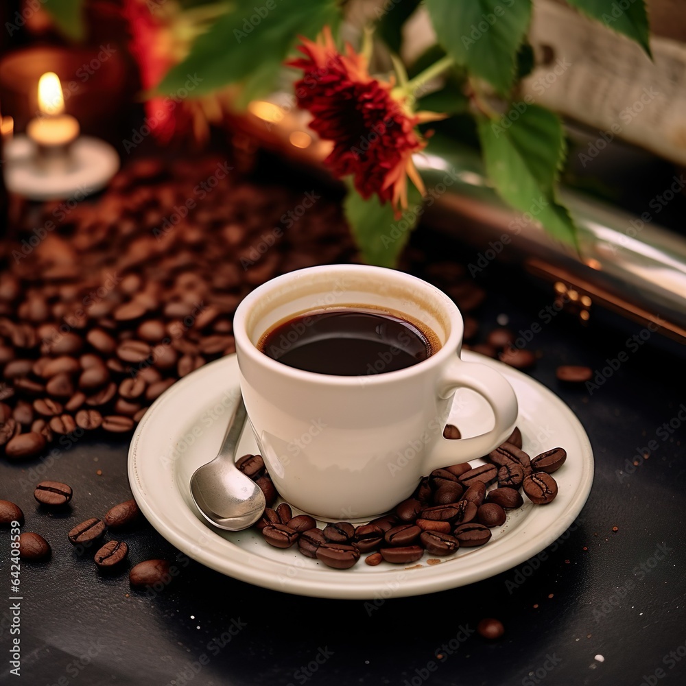 coffee cup with beans on a dark wooden background with flowers coffee cup with beans on a dark wooden background with flowers