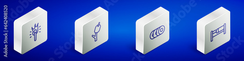 Set Isometric line Torch flame, Marshmallow on stick, Blanket roll and Bed icon. Vector