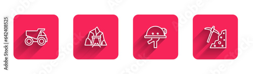 Set line Mining dump truck, Mine entrance, Miner helmet and Pickaxe with long shadow. Red square button. Vector