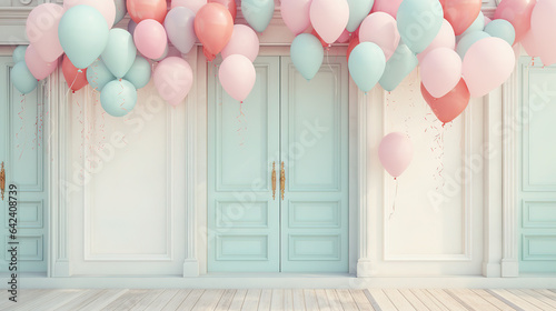 colorful pastel balloons floatingnear the door