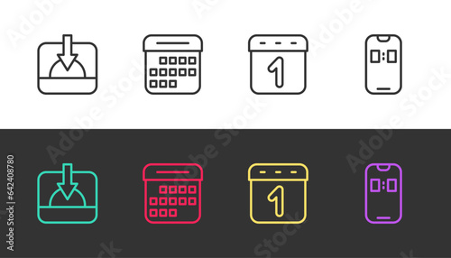 Set line Sunset, Calendar, and Alarm clock app mobile on black and white. Vector