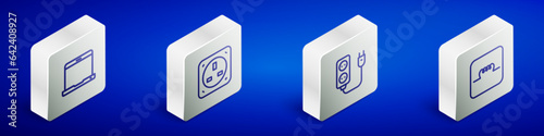 Set Isometric line Laptop, Electrical outlet, extension and Inductor in electronic circuit icon. Vector