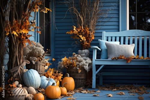 Cozy house porch decor style  autumn style with pumpkins and flowers in pastel colors