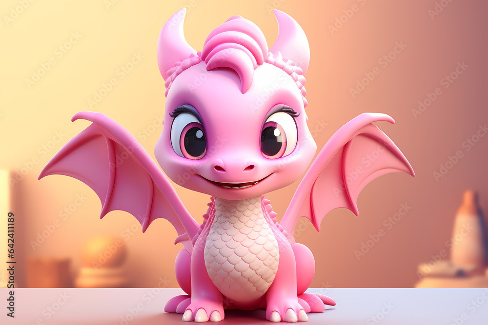 Colorful pink baby dragon in a modern 3D animation style. Cute and adorable mythical creature