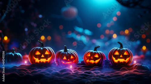 Festive banner with halloween decorations. Jack O lantern. Postcard with copy space.  Generative AI
