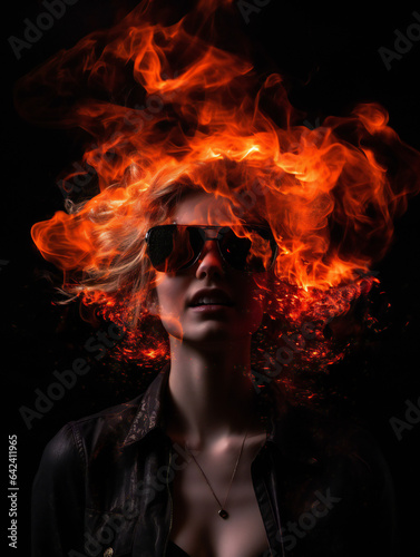 Partying woman portrait with hellfire theme style. Isolated black background.. Generative AI.