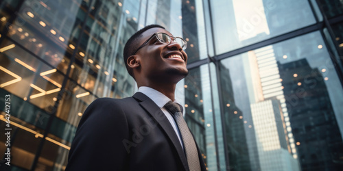 Happy black businessman in business district. Concept of business, success and entrepreneurship.