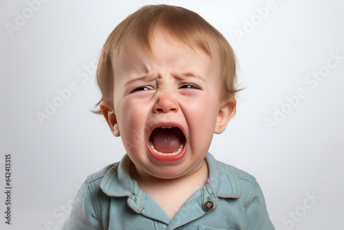 a small child cries and screams with his mouth open