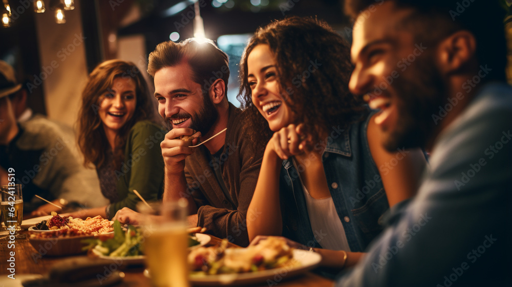 Obraz premium happy young people having dinner in the evening in a restaurant
