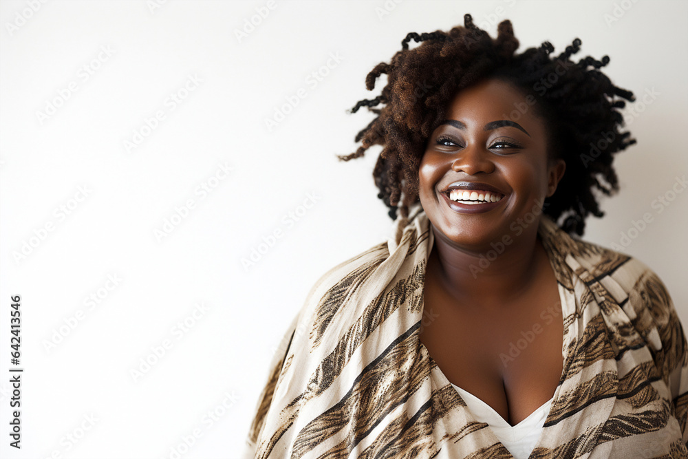 smiling african plump woman - obrazy, fototapety, plakaty 