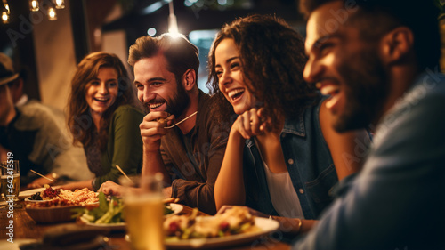 happy young people having dinner in the evening in a restaurant