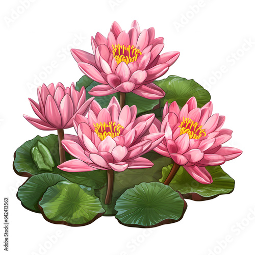 Beautiful pink lotus  waterlily flower on white background. flower and leave cartoon illustration.