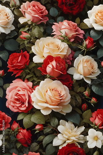 Beautiful floral background with roses and leaves. Flat lay  top view