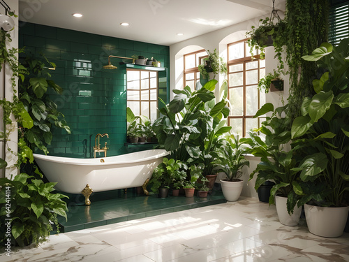 Interior of a modern bathroom with a bathtub and tropical plants