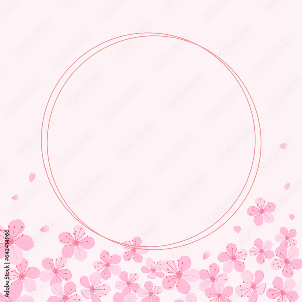 Cherry blossom Sakura flower and pink gold circle sign vector illustration. Cute floral card.