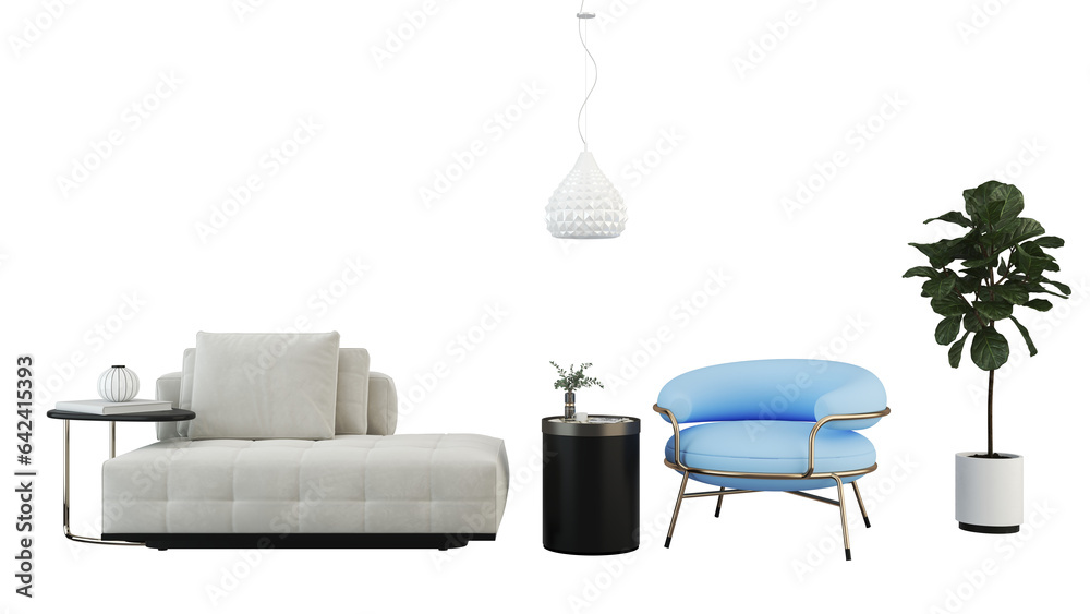 Fototapeta premium Interior furniture set 3D render. Living room house floor template background mockup design , isolated on transparent background