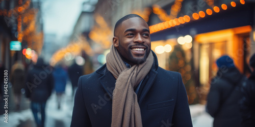 Happy black businessman in London city in winter. Concept of business, success and entrepreneurship.