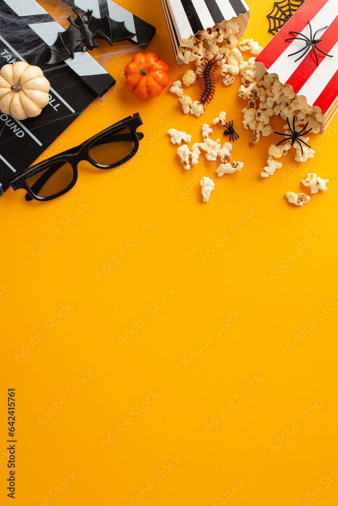 Celebrate Halloween night with scary movies. High-angle view vertical shot of popcorn, film clapper and Halloween decorations on an isolated orange background. Perfect for ads or text placement