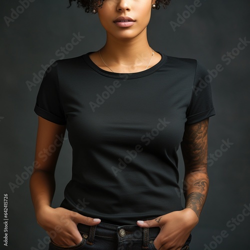 plain black tshirt worn by female model for mock up