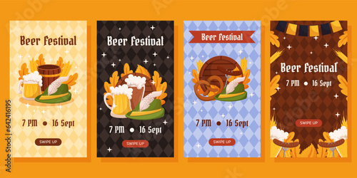 German beer festival vertical social media stories collection. Designs with glass of beer, wheat and leaves, tyrolean hat and wooden barrel. Rhombus pattern on back
