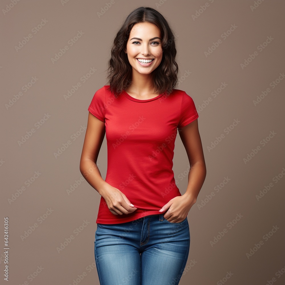 female wearing plain red tshirt for mock up on solid one color background female wearing plain red tshirt for mock up on solid one color background
